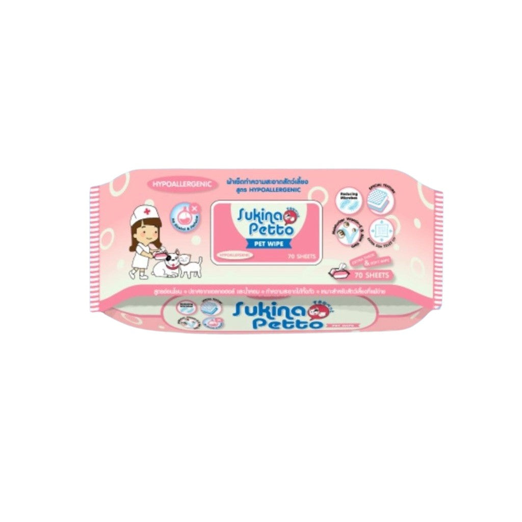Sukina Petto Pet Wipes ผ้าเปียกเช็ดทำความสะอาดสัตว์ 70 แผ่น