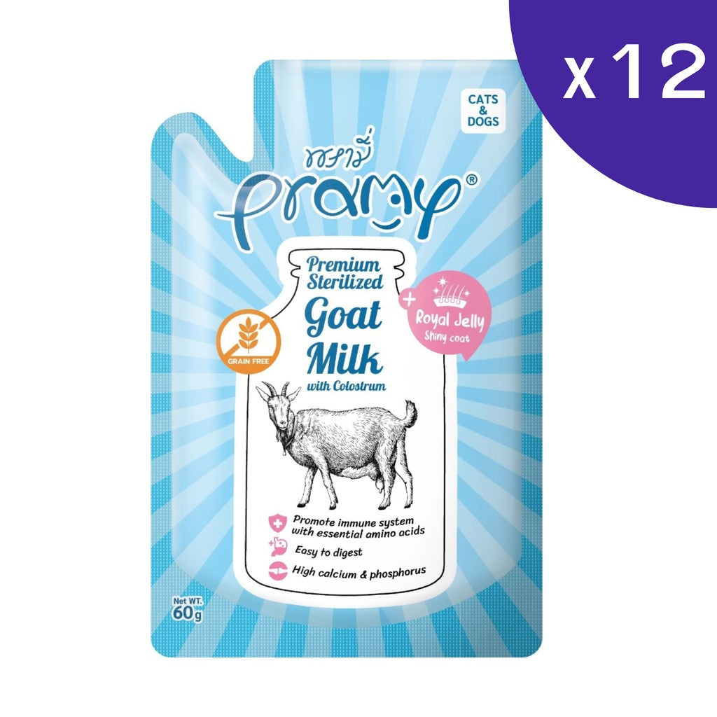 Pramy Goat milk พรามี่ นมแพะสเตอริไลส์สำหรับสุนัขและแมว แบบโหล 60g x 12 ซอง