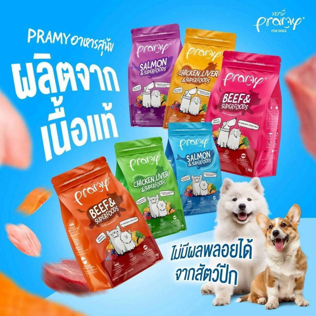 Pramy พรามี่ อาหารเม็ดสุนัข เกรดพรีเมียม โปรตีนสูง เสริมสร้างสุขภาพแบบรอบด้าน ขนาด 1 - 1.3kg