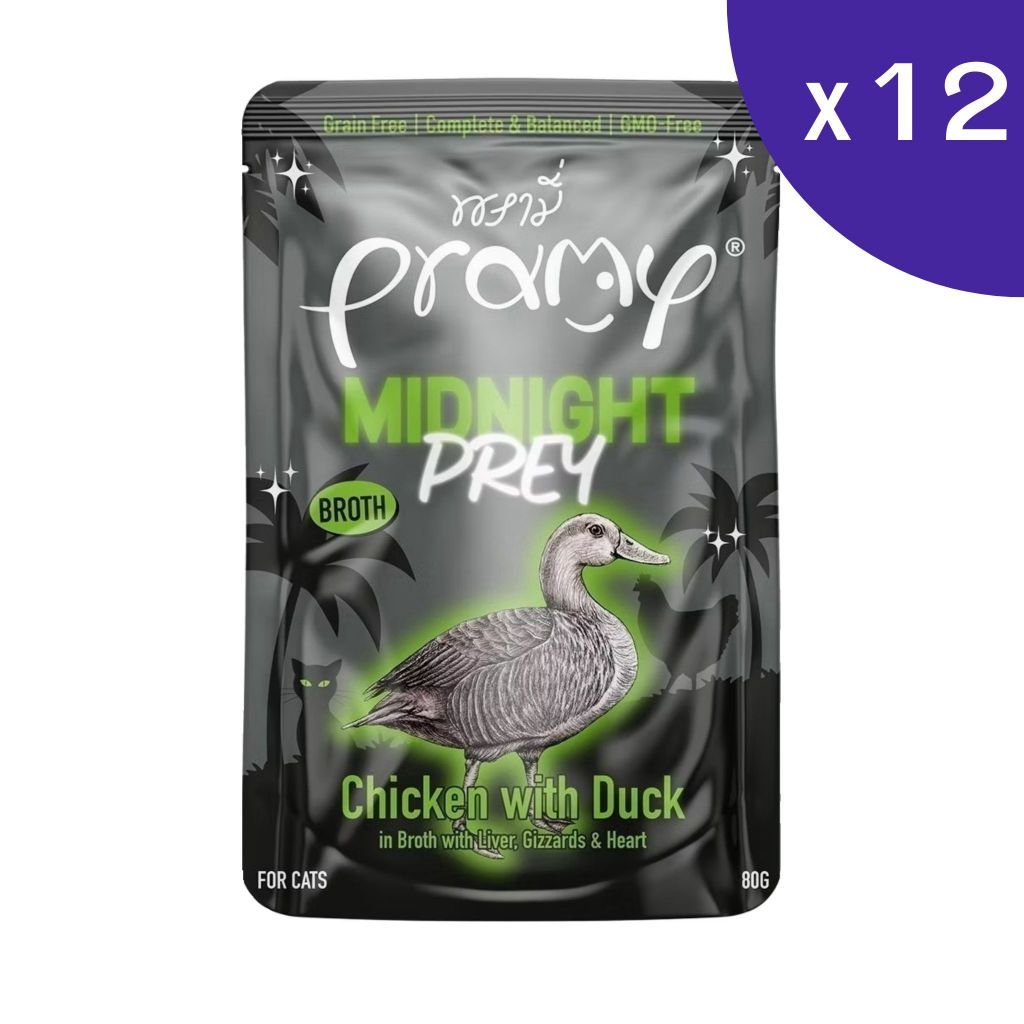 Pramy Midnight Prey อาหารเปียกแมว สูตร Complete & Balanced แบบกล่อง ขนาด 80g x 12 ซอง