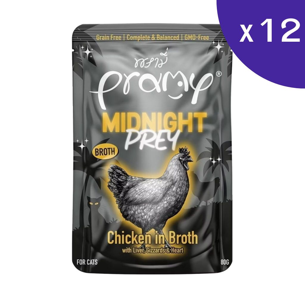 Pramy Midnight Prey อาหารเปียกแมว สูตร Complete & Balanced แบบกล่อง ขนาด 80g x 12 ซอง